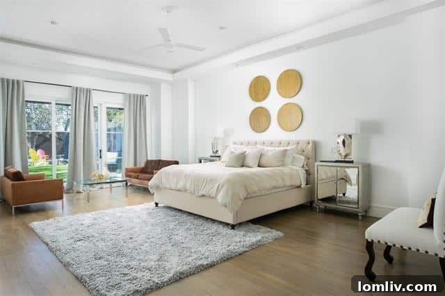 Stylish bedroom with large window overlooking the outdoor space