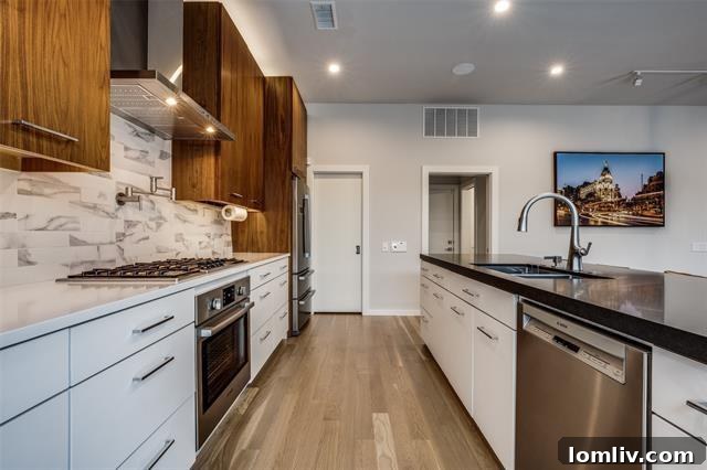 luxury kitchen with walnut cabinets, quartz countertops, and large island