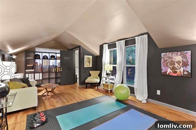 Converted air-conditioned space above the garage, currently used as a gym