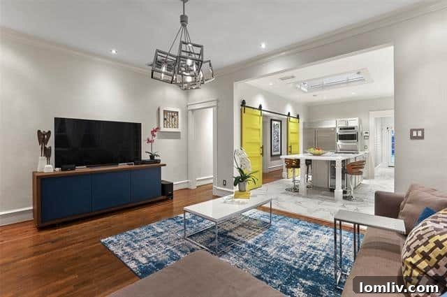 Close-up of the distinctive yellow barn bypass door, adding a pop of color