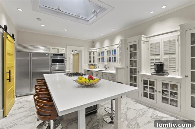 Modern kitchen with a skylight, premium appliances, and Italian quartz countertops