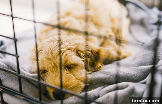 Dog resting calmly in a crate