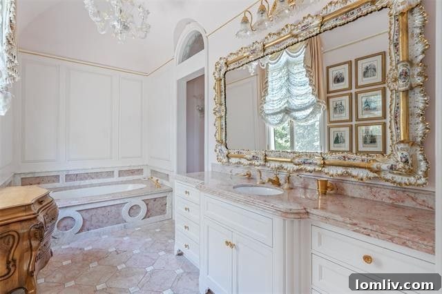 A grand interior staircase with ornate gilded railings and classical architectural details, hinting at the home's elegance