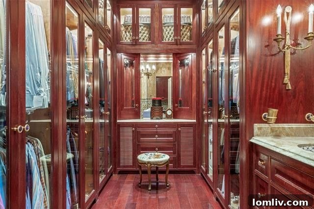 Luxurious bathroom with dual vanities, expansive mirrors, and classic, high-end finishes, reflecting the home's sophisticated style