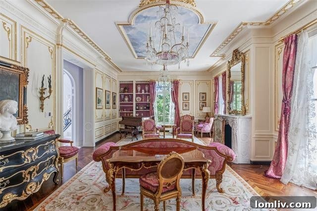 A stunning custom trompe l'oeil mural on the ceiling, illuminated by sparkling antique chandeliers that once hung in a European royal residence