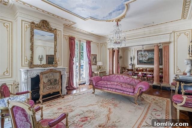 Luxurious dining area with intricate wall moldings, classic furniture, and a sophisticated lighting fixture