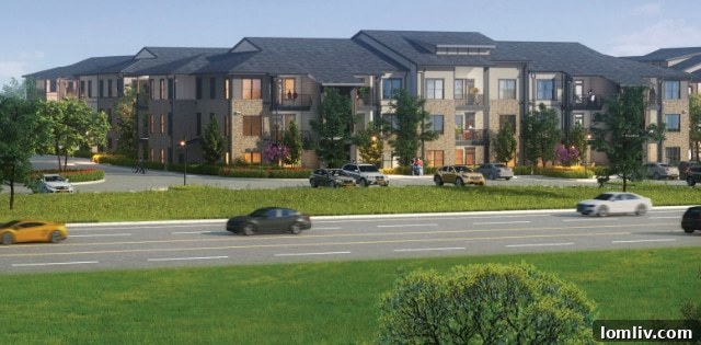 Artist's rendering of the Princeton Crossroads apartment community, showcasing modern architecture and planned green spaces
