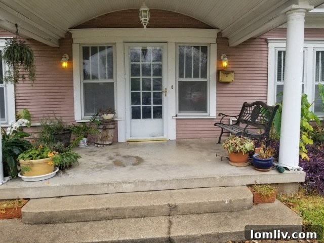Before and after comparison of the historic home's porch, highlighting deterioration versus restoration.