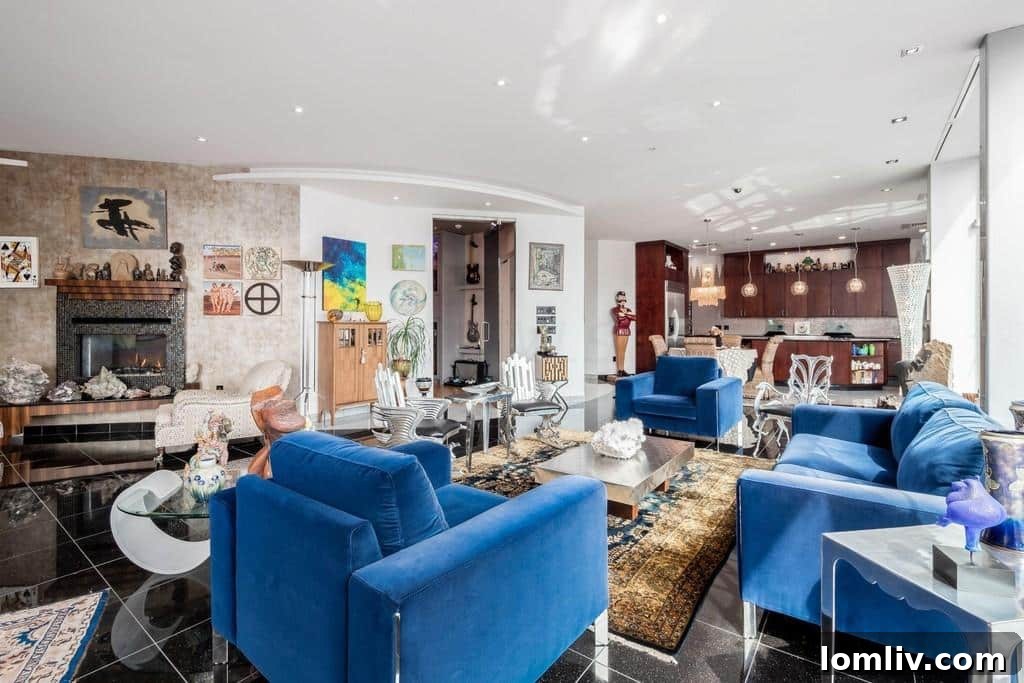 Cluttered living room with diverse furniture styles and decor