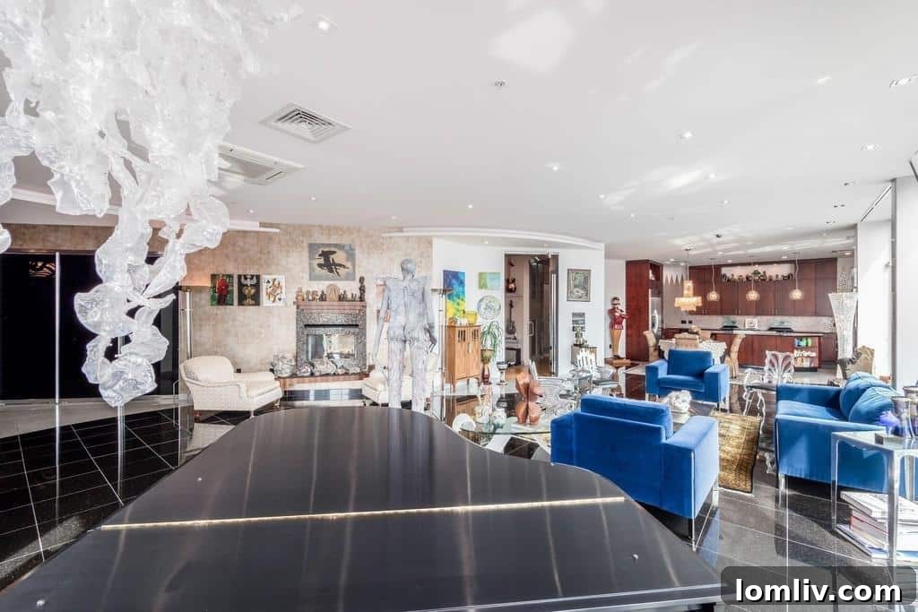 Luxurious but visually busy living space with eclectic decor