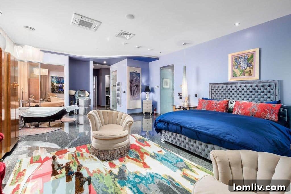 Intricately designed primary bedroom with excessive ornamentation