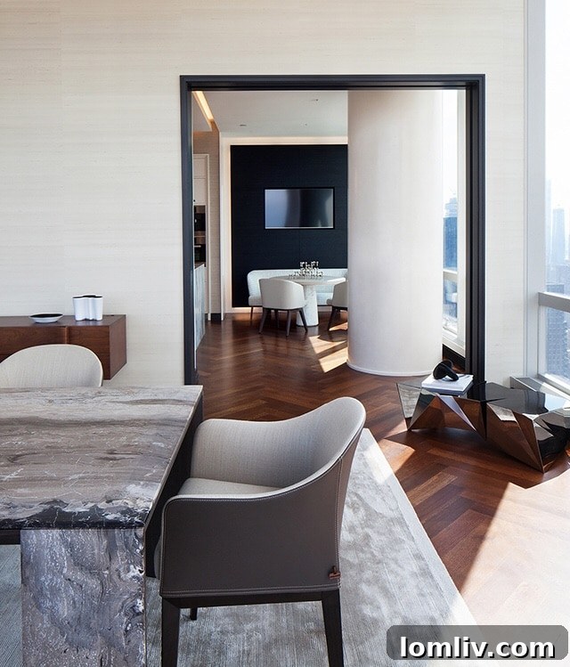 Wide interior shot capturing the flow from one room to another, aiding viewer understanding of the house layout, by Marietta Leung.