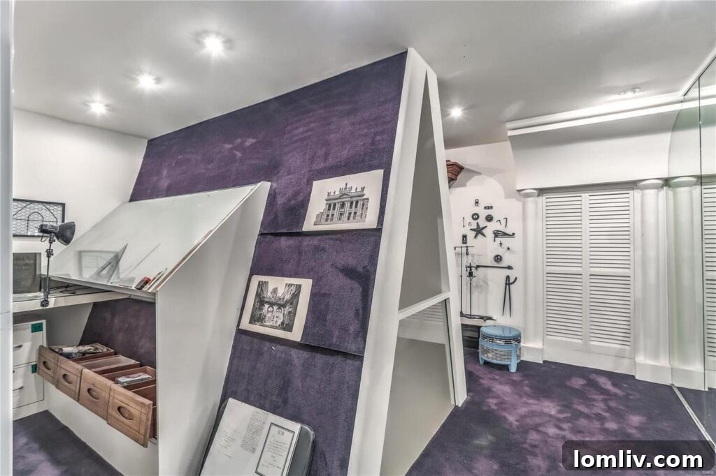 A room featuring a large, spherical art installation or architectural feature