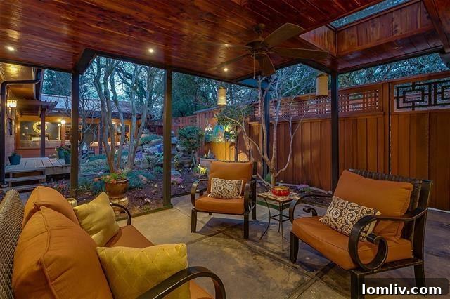 Asian-themed garden with water feature and zen-like stony hill