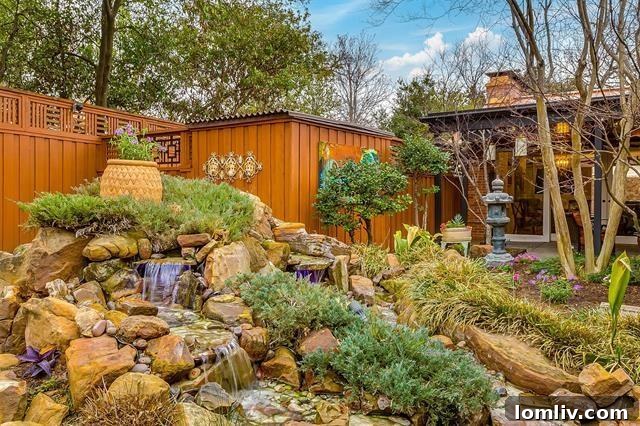 Serene outdoor space with Asian motifs and lush landscaping