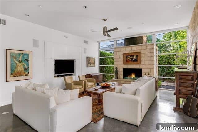 Family Room Overlooking Tranquil Zen Garden Through Large Windows
