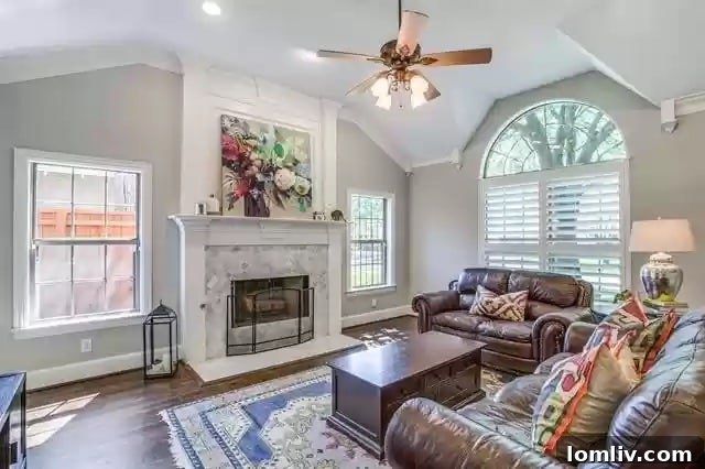 Elegant living room with marble fireplace and built-in shelving.