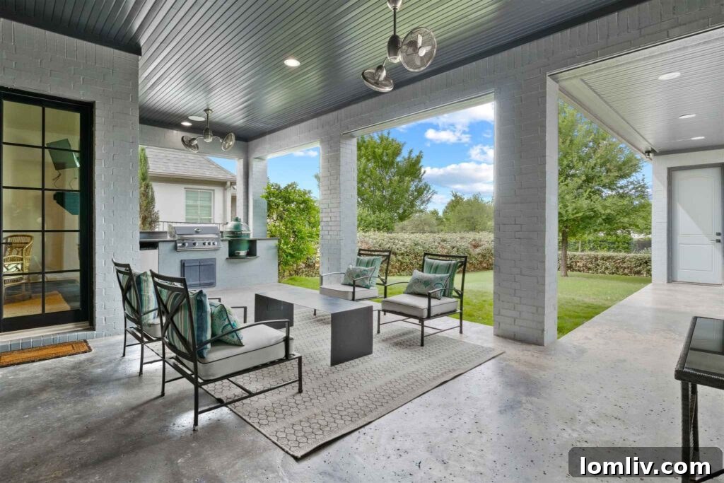 Outdoor Kitchen and Patio with Gray Beadboard Ceiling