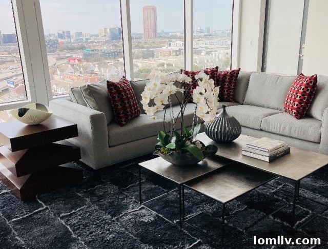 Sophisticated living area in a penthouse at The Gabriella, Dallas, designed by Spiffidecor.