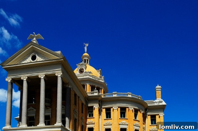 Detail of the Harrison County Courthouse, capturing the intricate work involved in its restoration.