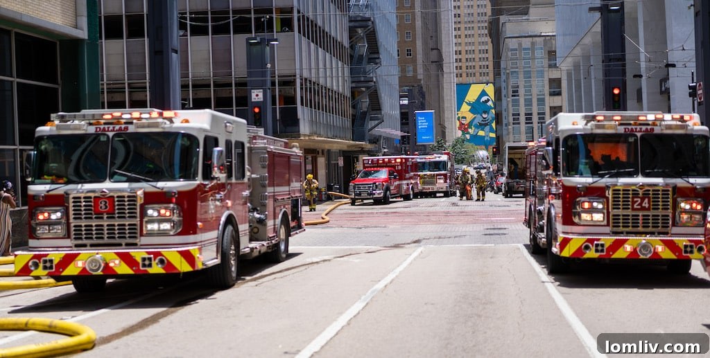 Firefighters responding to a fire at The Mosaic Building in downtown Dallas.