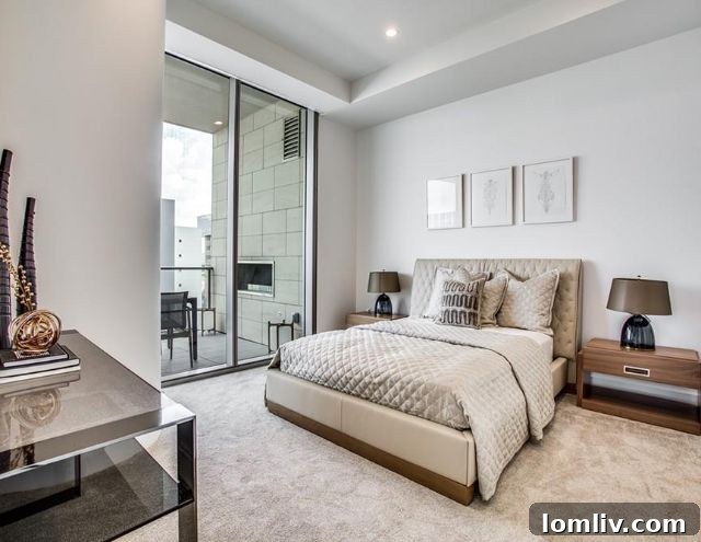 Stylish living room and balcony view from Unit 505 in Windrose Tower