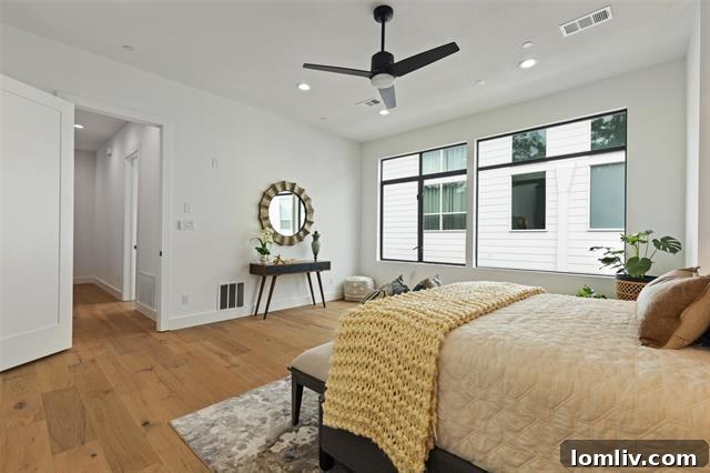 Spacious primary bedroom with large windows and abundant natural light