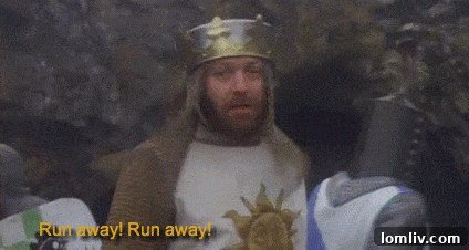 Humorous depiction of Monty Python characters running away, a strategy for D&D survival