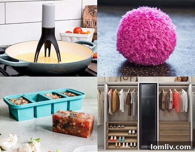Montage of various innovative home gadgets that save time and effort in daily tasks
