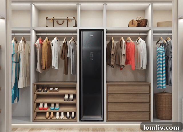 Elegant Samsung AirDresser, a garment care system, in a modern bedroom