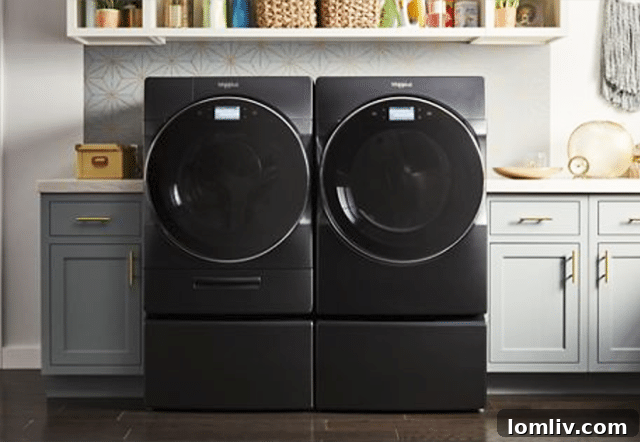Whirlpool Smart Front-Load Washer with Load & Go XL Plus Dispenser in a modern laundry room