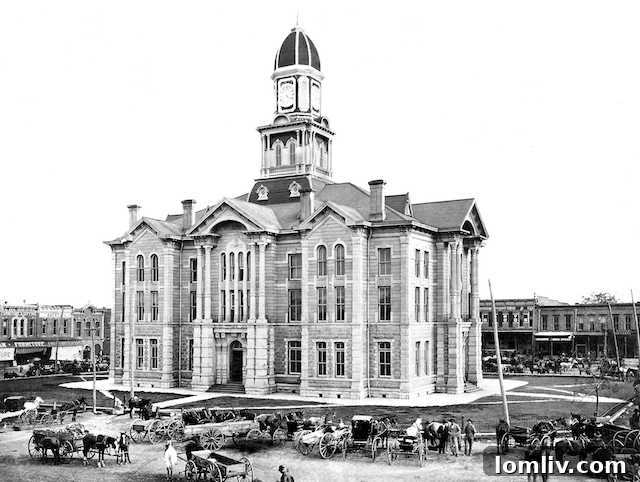 Fannin County Courthouse in 1888, showcasing its original French Second Empire architecture and soaring clock tower.