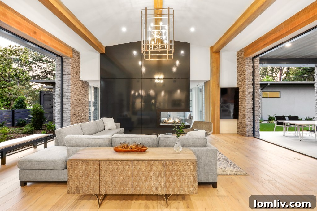 Large windows and doorways merging inside with outside at the sustainable Stonegate home
