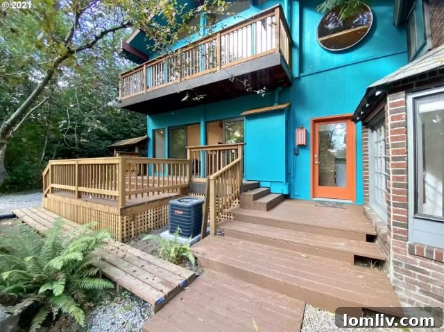 An air conditioning condenser unit placed awkwardly on a small wooden platform amidst a chaotic arrangement of steps and railings, highlighting poor home planning.