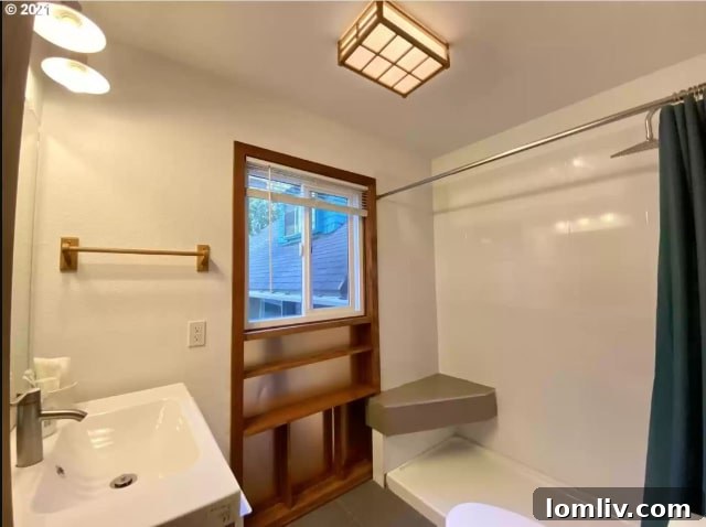 A chaotic bathroom with exposed wooden framing used as makeshift shelving directly inside the shower, demonstrating a severe lack of finishing and design.