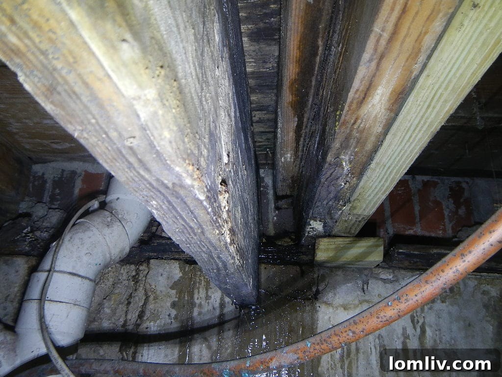 Seen It All? These Homes Are Certified Hot Messes 2 Crawl space water leak and damaged beams indicating structural issues and water damage. Crucial for home inspection.
