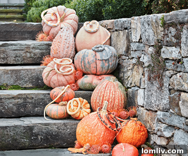 Decorative heirloom pumpkins display