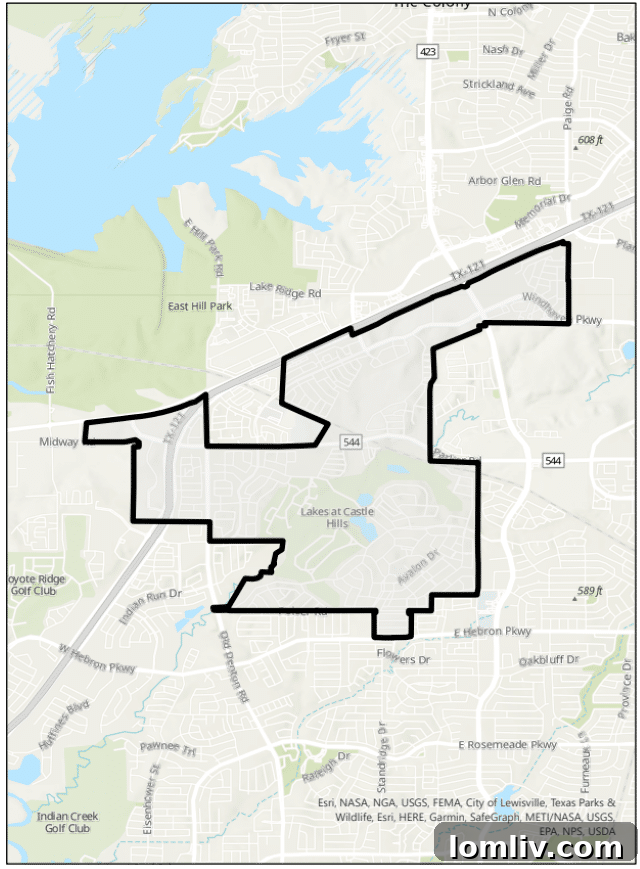 Map showing the Castle Hills community's location relative to Lewisville and major highways.