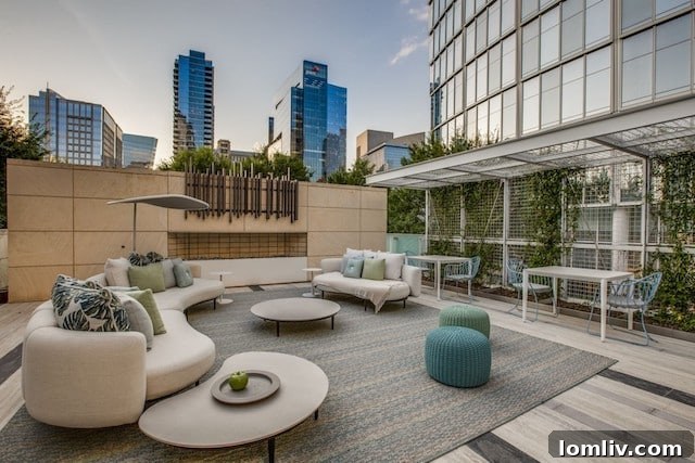 Modern bedroom with large windows offering city views in a Museum Tower Dallas apartment