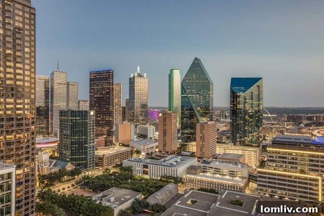 Elegant dining area with city views from a high-rise apartment in Museum Tower Dallas