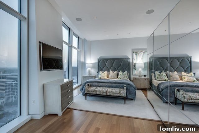 Elegant outdoor swimming pool area at Museum Tower Dallas, with loungers and city backdrop