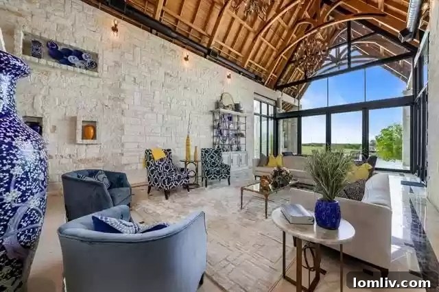 Double-sided limestone fireplace in a luxurious living room