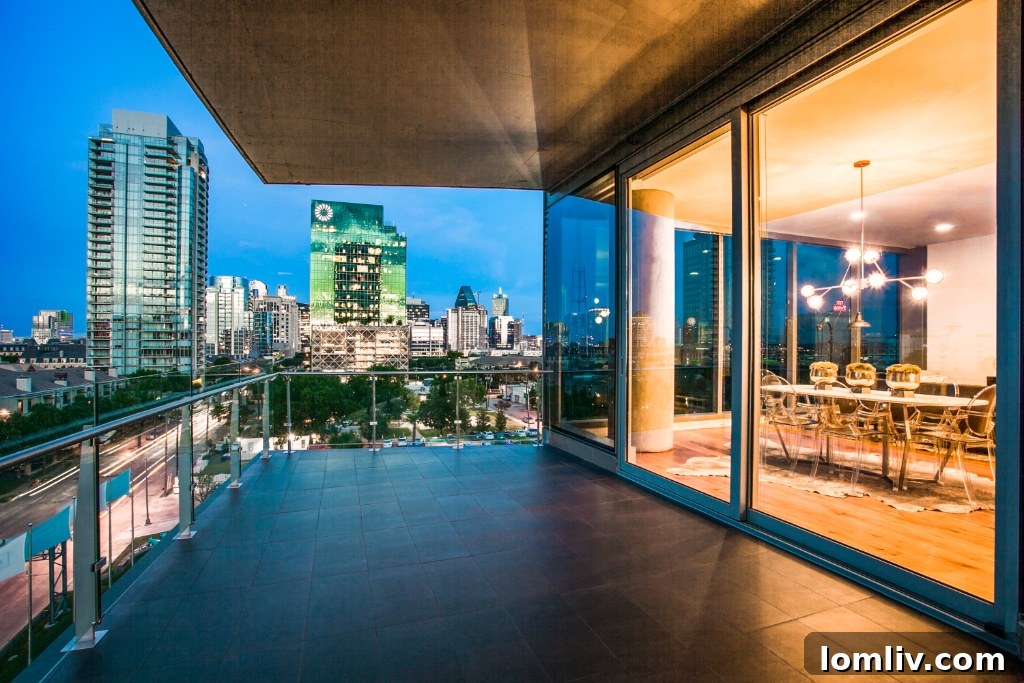 Master bedroom at Bleu Ciel Dallas offering expansive city views and sophisticated decor