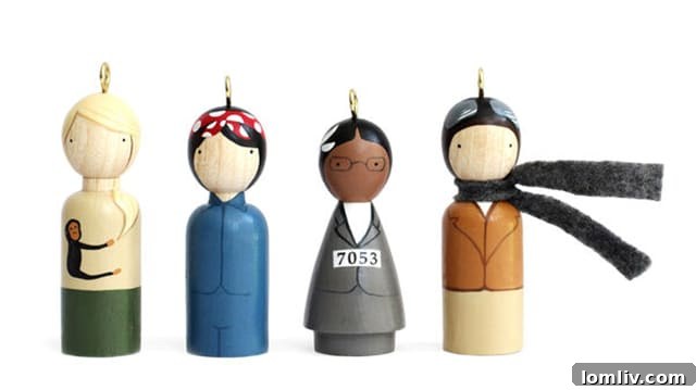Hand-chiseled Urapán wood ornaments depicting influential women from MoMA Design Store