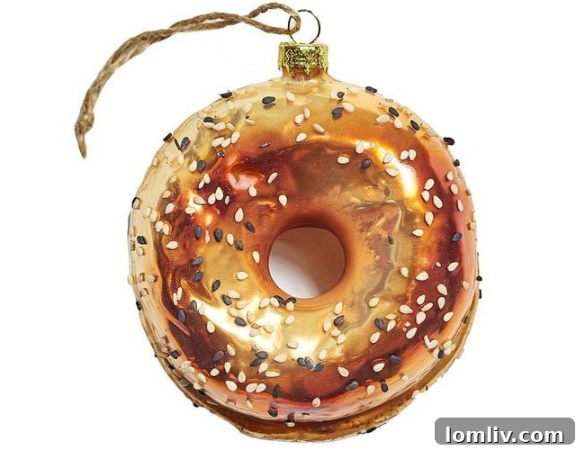 Food-inspired Christmas ornaments by Cody Foster & Co., including bagels and marshmallow fluff