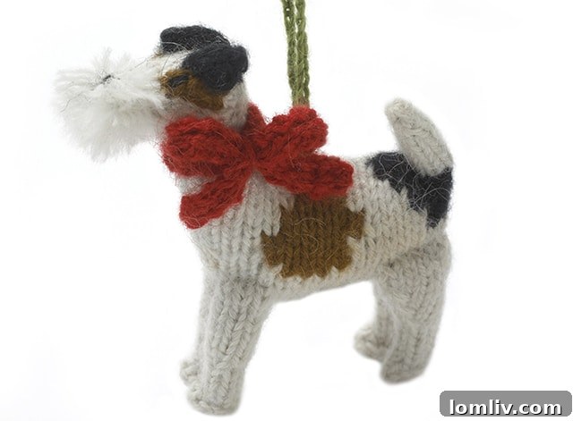 Hand-knit Fox Terrier puppy Christmas ornament by Arcadia Home