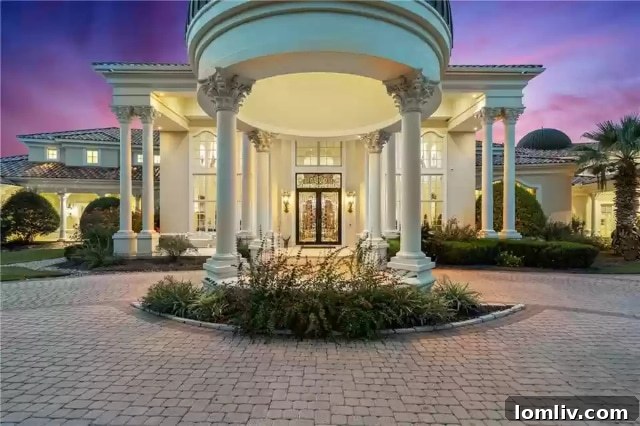 A closer view of the elegant gates and stone entrance, leading to a private luxury residence.