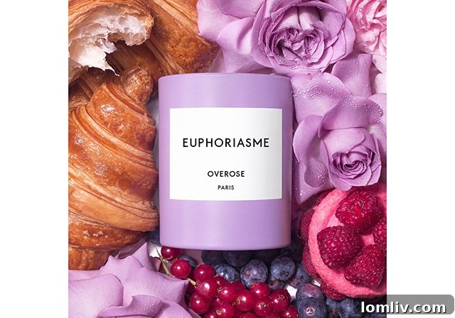 Luxurious Overose Euphoriasme candle in a subtle periwinkle shade, blending beauty with sensory experience