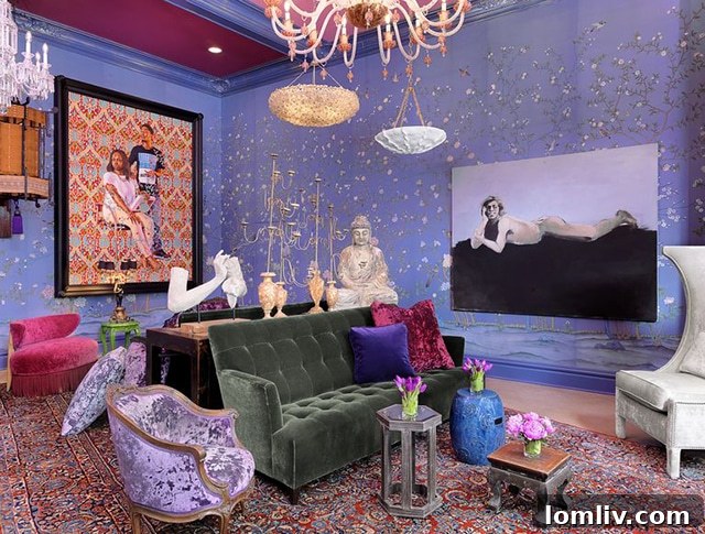 Susan Barrett's fantasy-like exhibition features purple tones, showcasing the imaginative potential of Very Peri in interior design