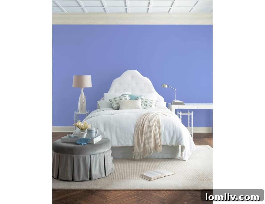 Close-up of a paint swatch for a periwinkle hue, highlighting its tranquil and versatile qualities